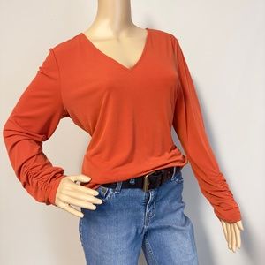 Calvin Klein V-neck Long Sleeve Top Ruched Sleeve Orange Blouse NWOT Size Large